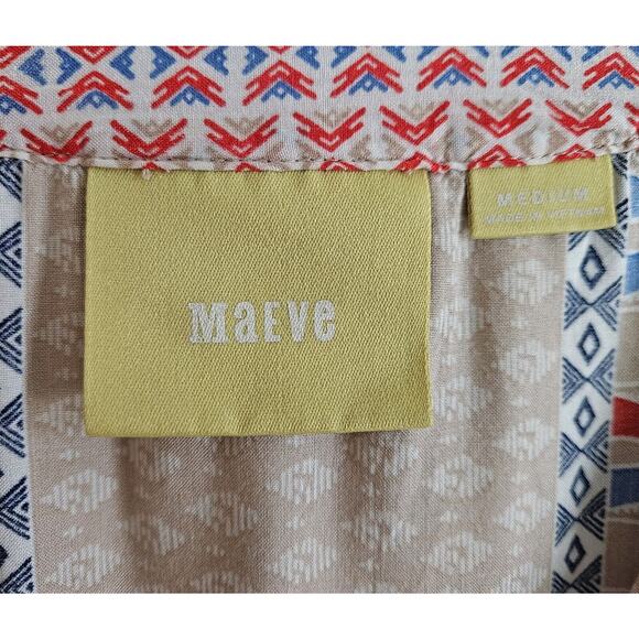 ANTHROPOLOGIE MAEVE Women M Blouse Southwest Button Up 3/4 Sleeve Beige Blue 44" - Picture 3 of 8
